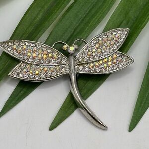 Dragonfly Brooch Pin Silver Tone Rhinestone Butterfly